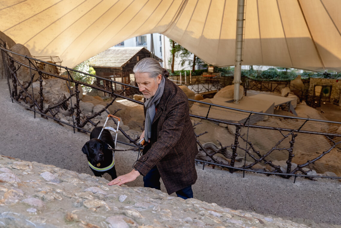 Eine blinde Person ertastet eine Mauer. In der anderen Hand hat die Person die Leine für seinen Blindenführhund, welcher brav daneben steht und die Person beobachtet. Im Hintergrund sind die Gletschertöpfe der Gletschergartens Luzern zu sehen, die mit einem grossen beigen Dach überdacht sind. 